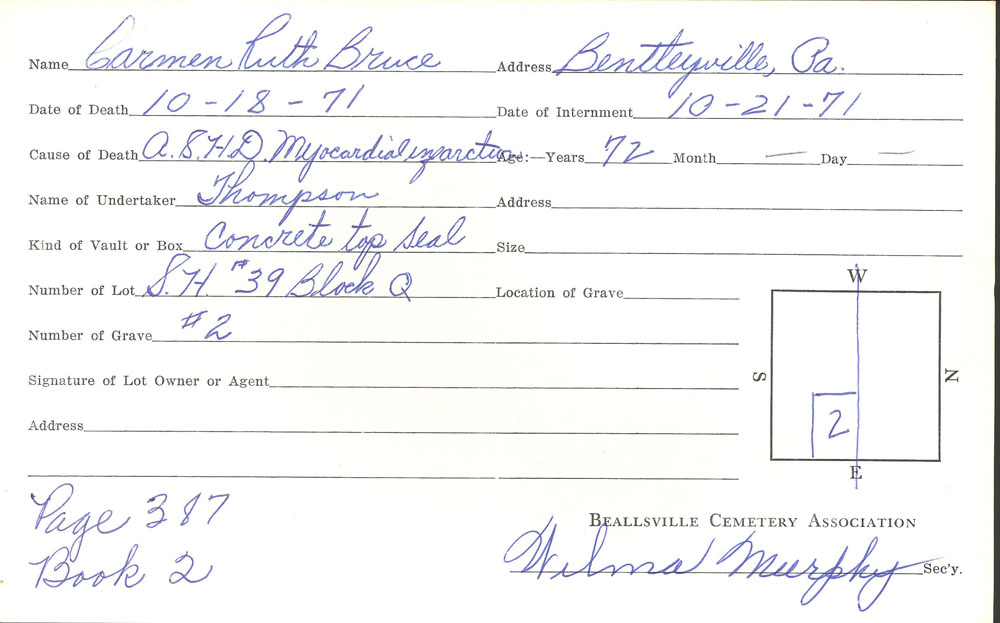 Carmen Ruth Bruce burial card